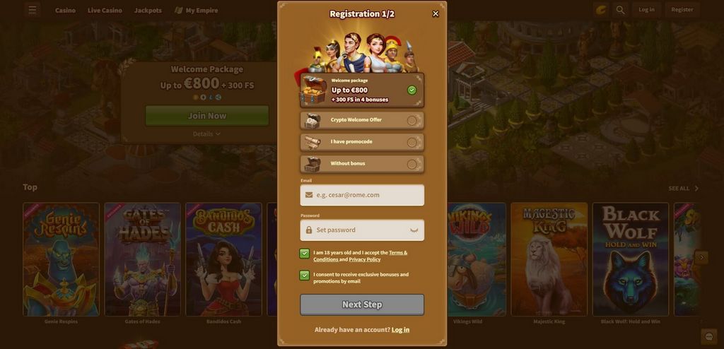 Vantaggio Casinò MyEmpire - 100% fino a 800 euro + 300 Giri Gratis